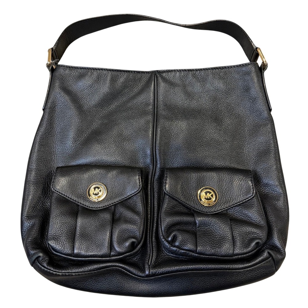 Michael Kors Black Pebbled Leather Hobo Shoulder Bag Gold Hardware MK Pocket